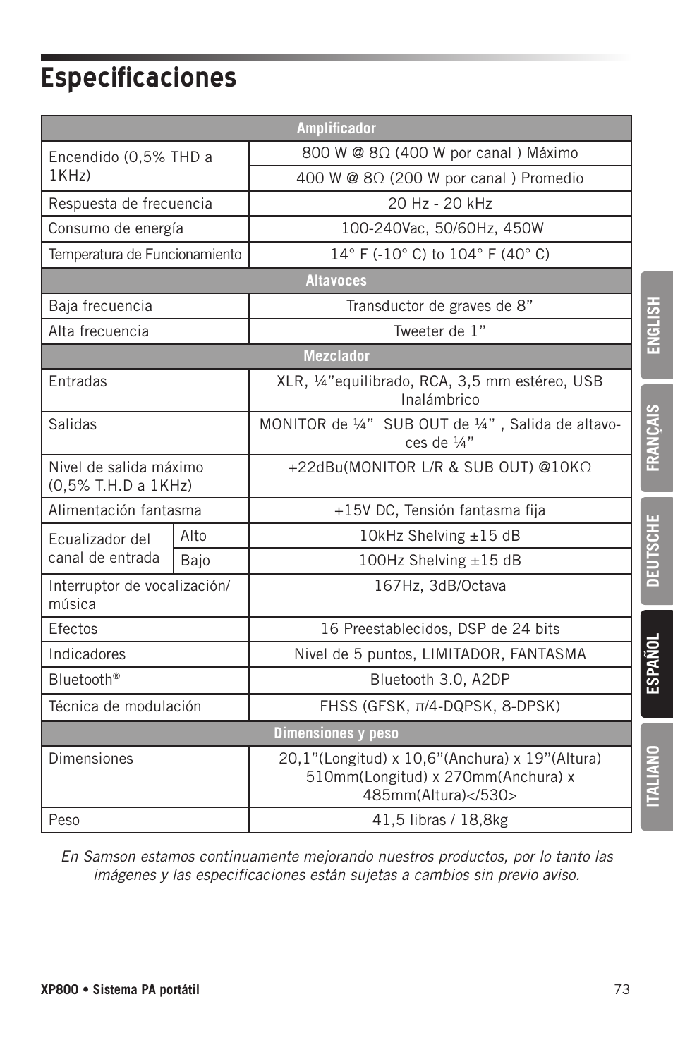 Especificaciones | Samson Expedition XP800 800W Portable PA System User Manual | Page 73 / 92