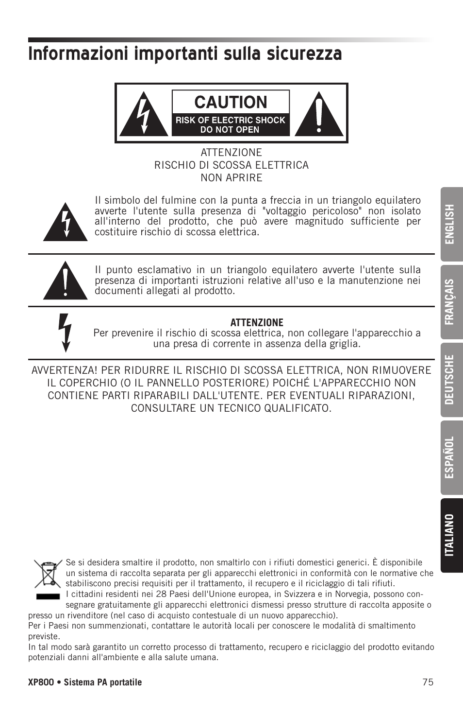 Informazioni importanti sulla sicurezza | Samson Expedition XP800 800W Portable PA System User Manual | Page 75 / 92