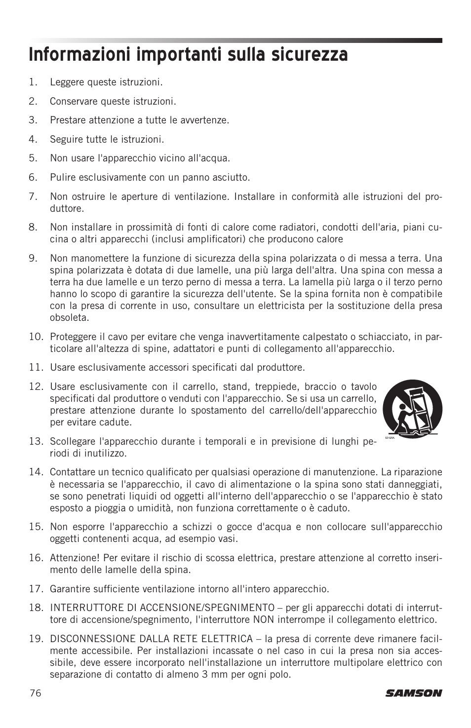 Informazioni importanti sulla sicurezza | Samson Expedition XP800 800W Portable PA System User Manual | Page 76 / 92