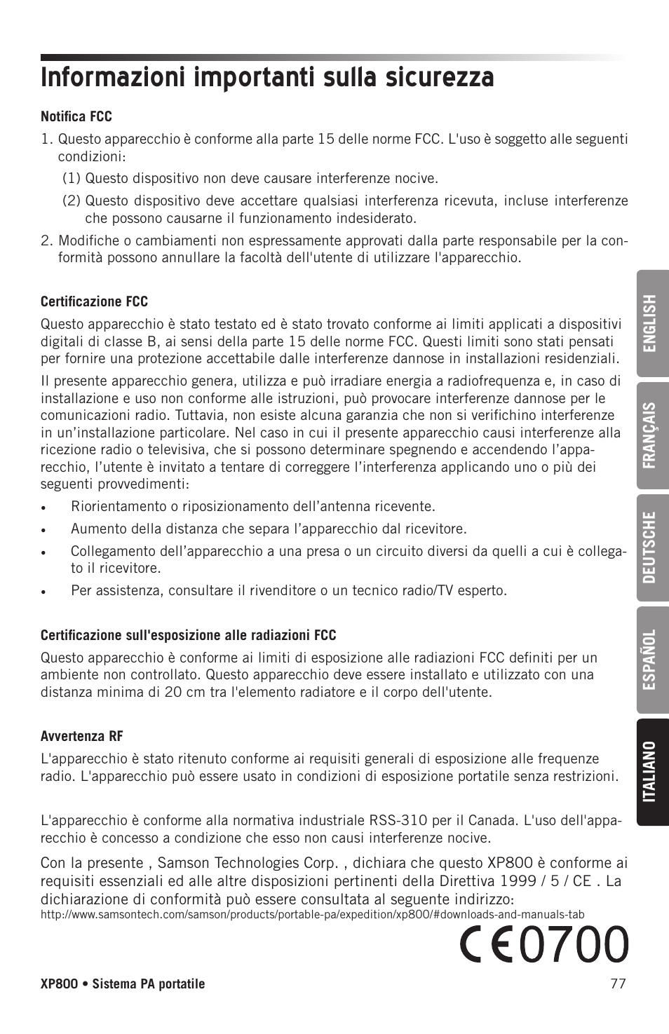 Informazioni importanti sulla sicurezza | Samson Expedition XP800 800W Portable PA System User Manual | Page 77 / 92