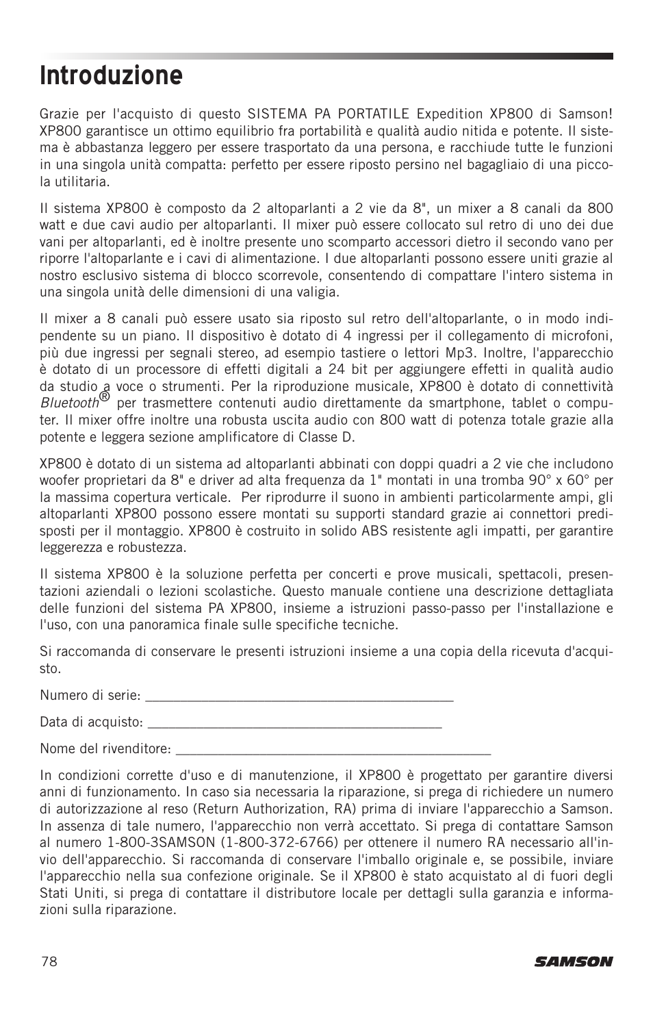 Introduzione | Samson Expedition XP800 800W Portable PA System User Manual | Page 78 / 92