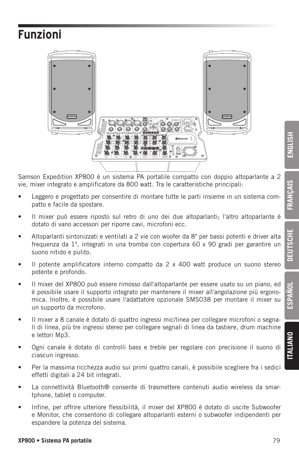 Funzioni | Samson Expedition XP800 800W Portable PA System User Manual | Page 79 / 92