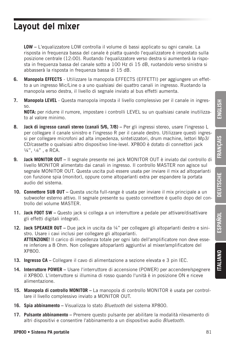 Layout del mixer | Samson Expedition XP800 800W Portable PA System User Manual | Page 81 / 92