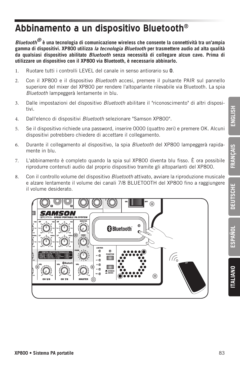 Abbinamento a un dispositivo bluetooth | Samson Expedition XP800 800W Portable PA System User Manual | Page 83 / 92