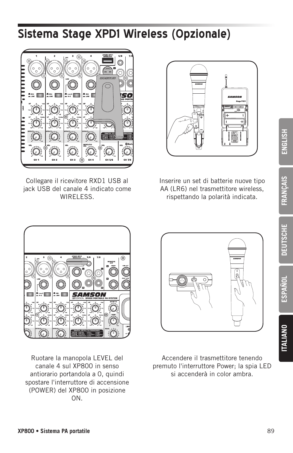 Sistema stage xpd1 wireless (opzionale) | Samson Expedition XP800 800W Portable PA System User Manual | Page 89 / 92