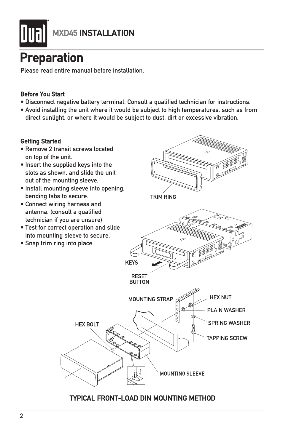 Preparation, Mxd45 installation | Dual MXD45 User Manual | Page 2 / 12