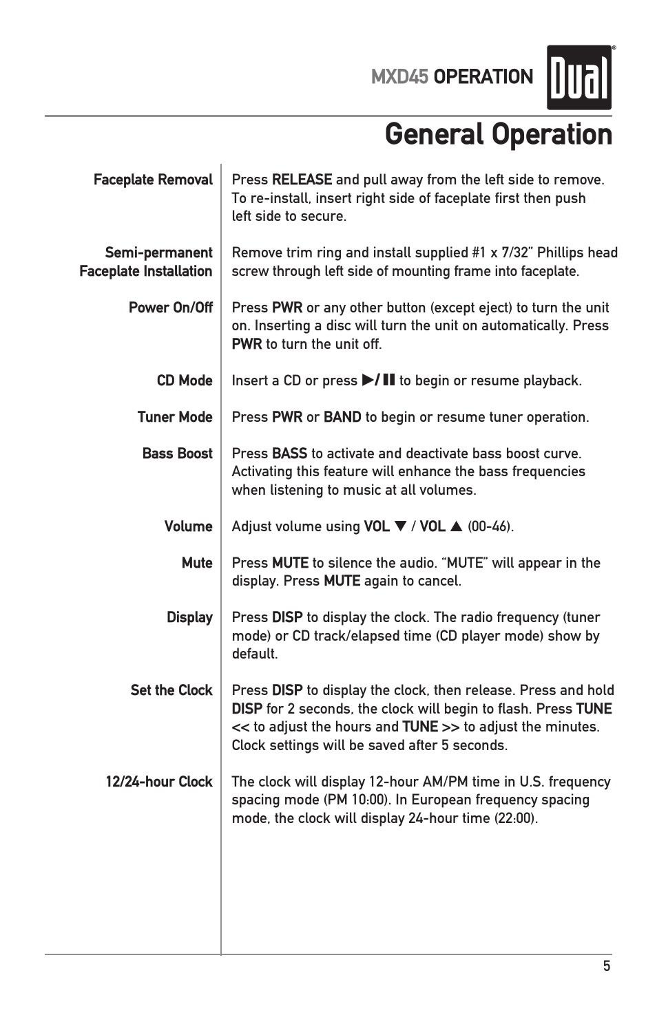 General operation, Mxd45 operation | Dual MXD45 User Manual | Page 5 / 12