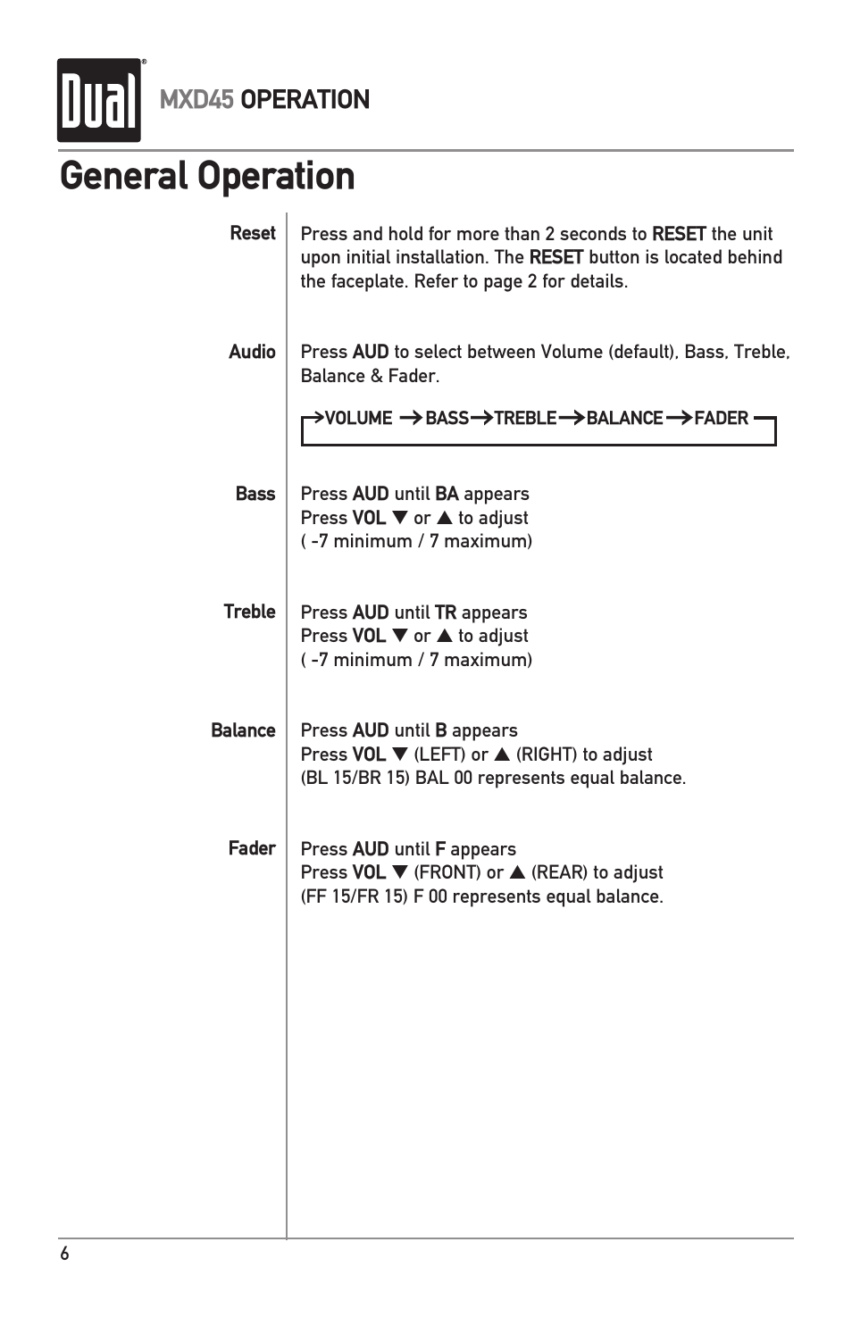 General operation, Mxd45 operation | Dual MXD45 User Manual | Page 6 / 12