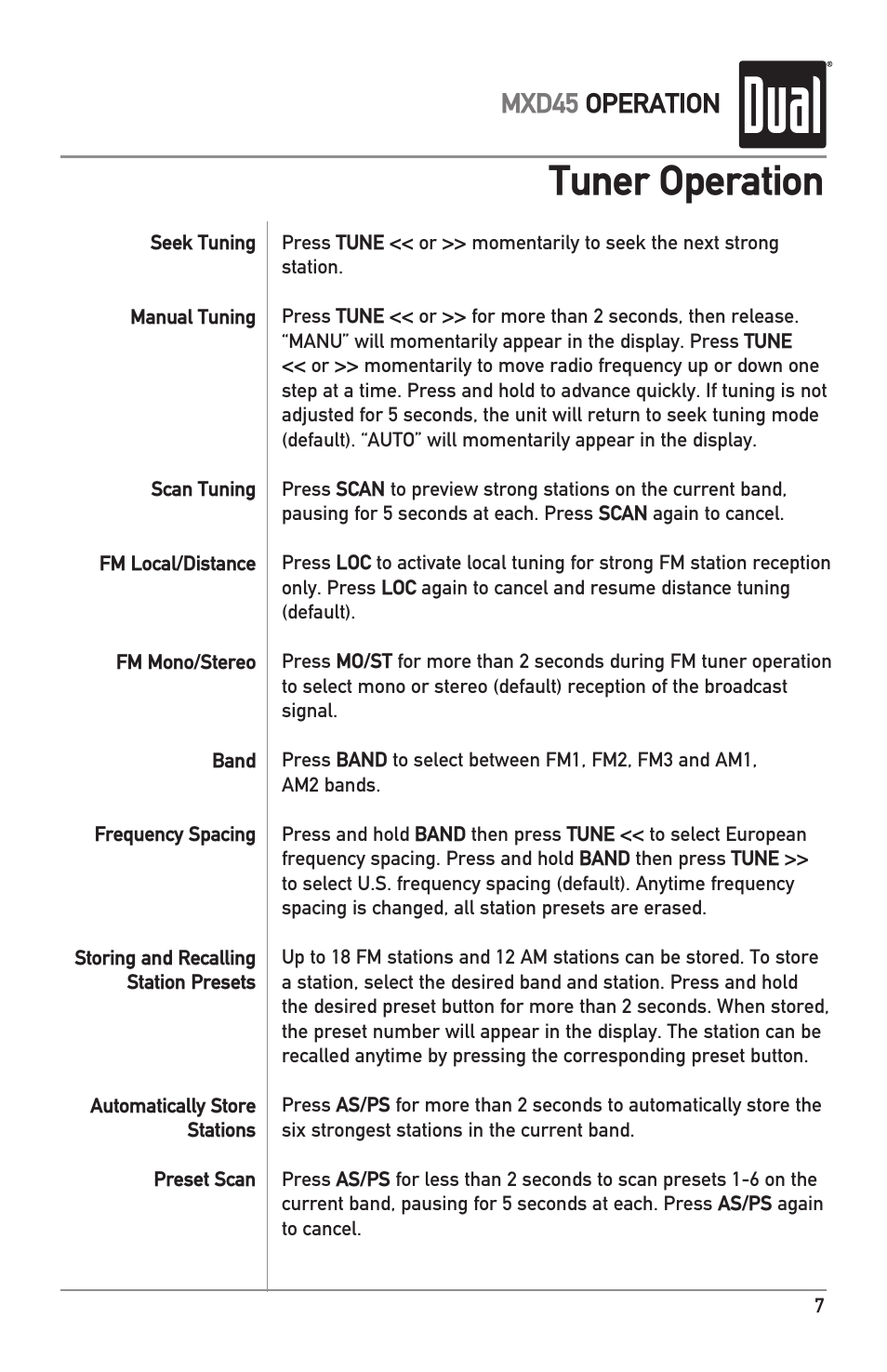 Tuner operation, Mxd45 operation | Dual MXD45 User Manual | Page 7 / 12
