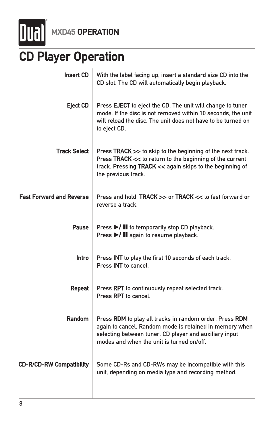 Cd player operation | Dual MXD45 User Manual | Page 8 / 12