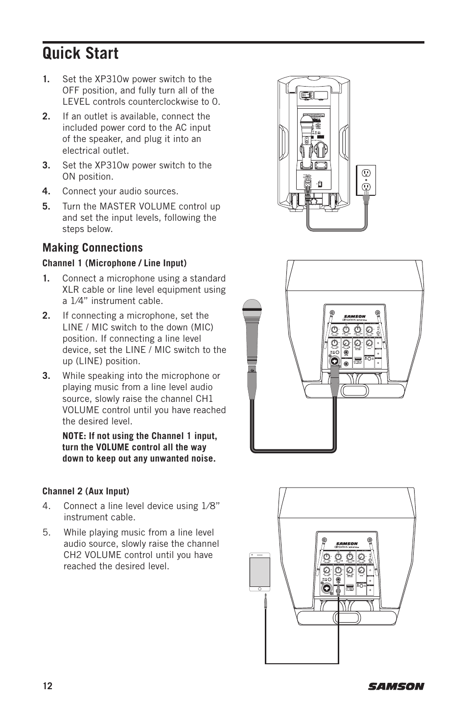 Quick start, Making connections | Samson Expedition XP310w-D: 542 to 566 MHz 10" 300W Portable PA System with Wireless Microphone (D) User Manual | Page 12 / 88