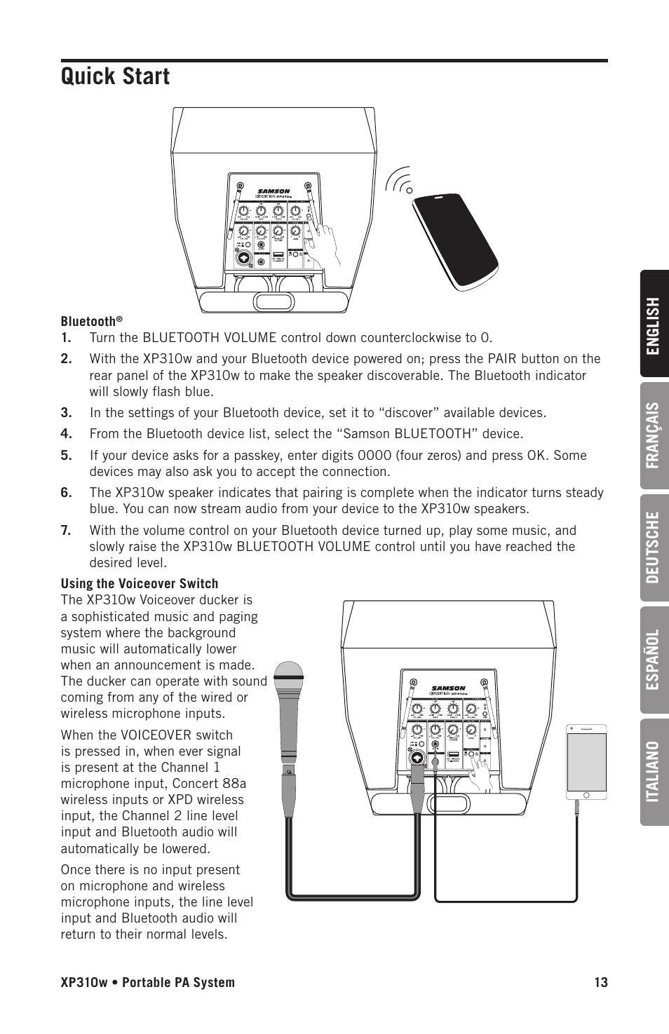 Quick start | Samson Expedition XP310w-D: 542 to 566 MHz 10" 300W Portable PA System with Wireless Microphone (D) User Manual | Page 13 / 88