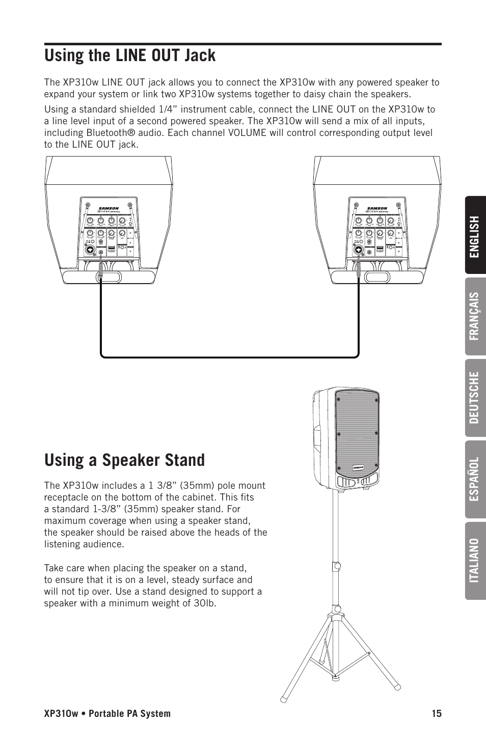 Using the line out jack using a speaker stand | Samson Expedition XP310w-D: 542 to 566 MHz 10" 300W Portable PA System with Wireless Microphone (D) User Manual | Page 15 / 88