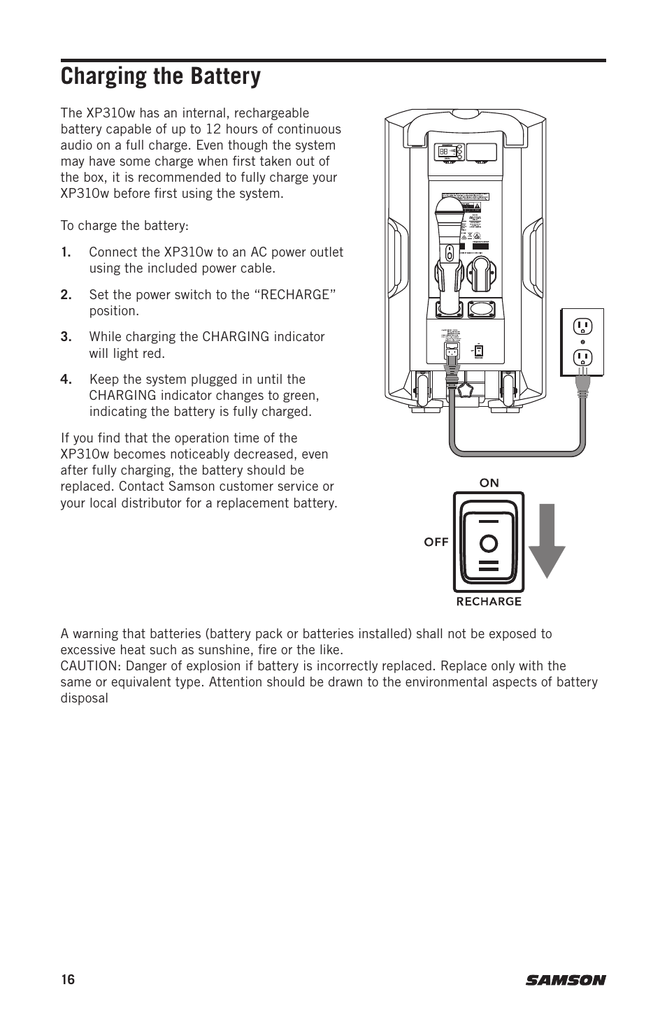 Charging the battery | Samson Expedition XP310w-D: 542 to 566 MHz 10" 300W Portable PA System with Wireless Microphone (D) User Manual | Page 16 / 88