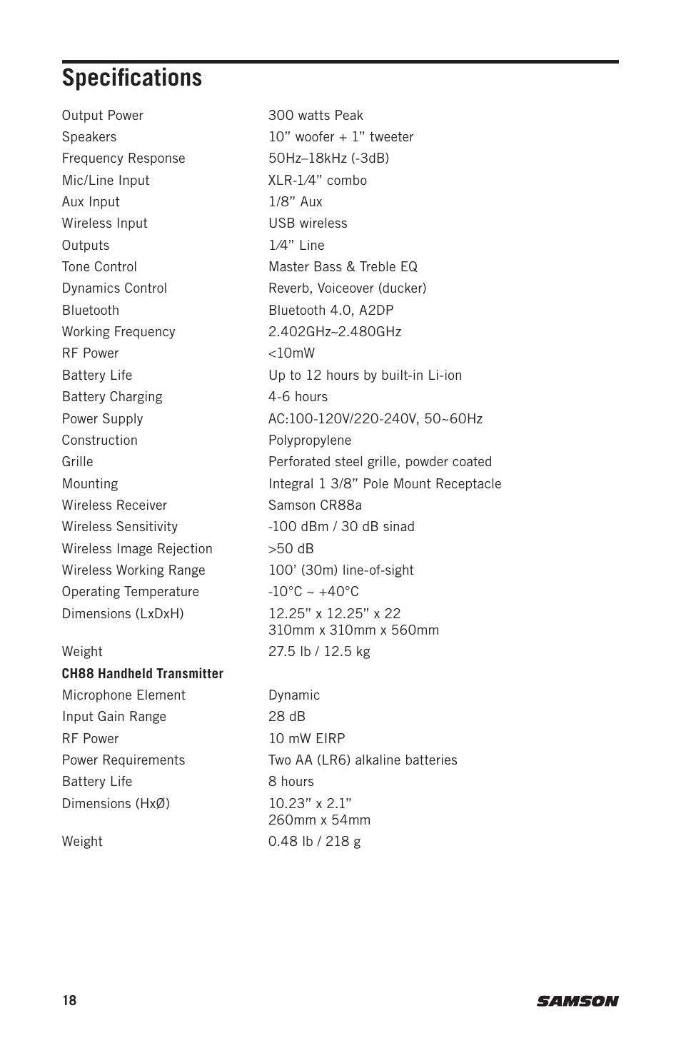 Specifications | Samson Expedition XP310w-D: 542 to 566 MHz 10" 300W Portable PA System with Wireless Microphone (D) User Manual | Page 18 / 88