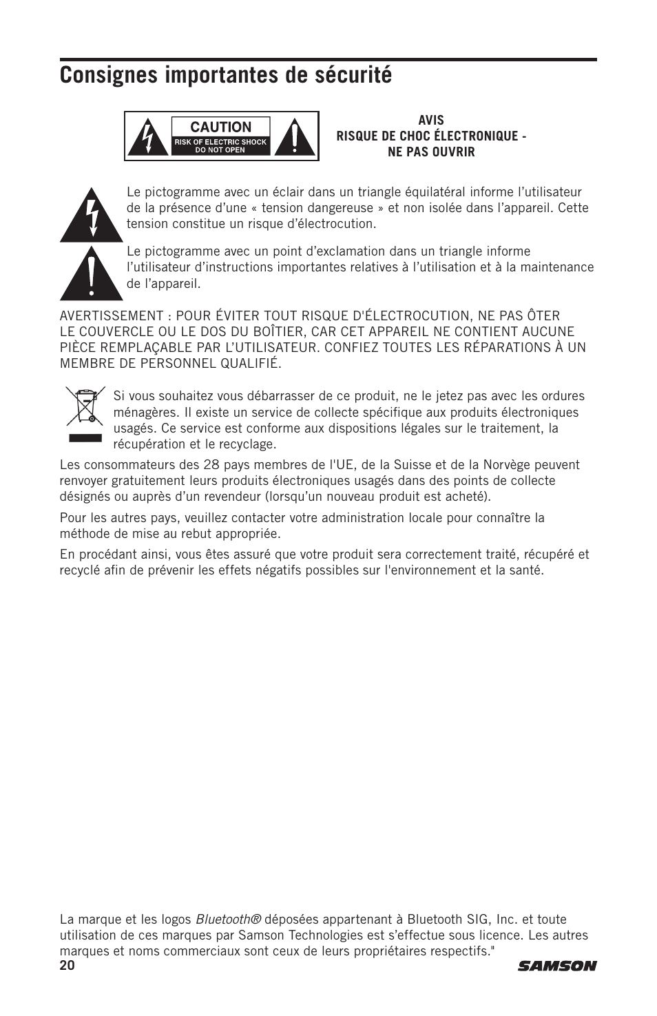 Consignes importantes de sécurité | Samson Expedition XP310w-D: 542 to 566 MHz 10" 300W Portable PA System with Wireless Microphone (D) User Manual | Page 20 / 88