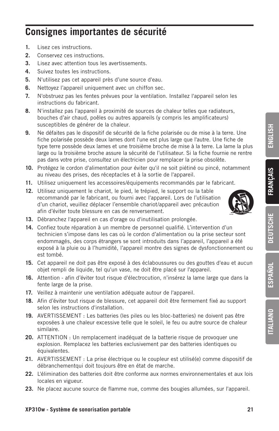 Consignes importantes de sécurité | Samson Expedition XP310w-D: 542 to 566 MHz 10" 300W Portable PA System with Wireless Microphone (D) User Manual | Page 21 / 88