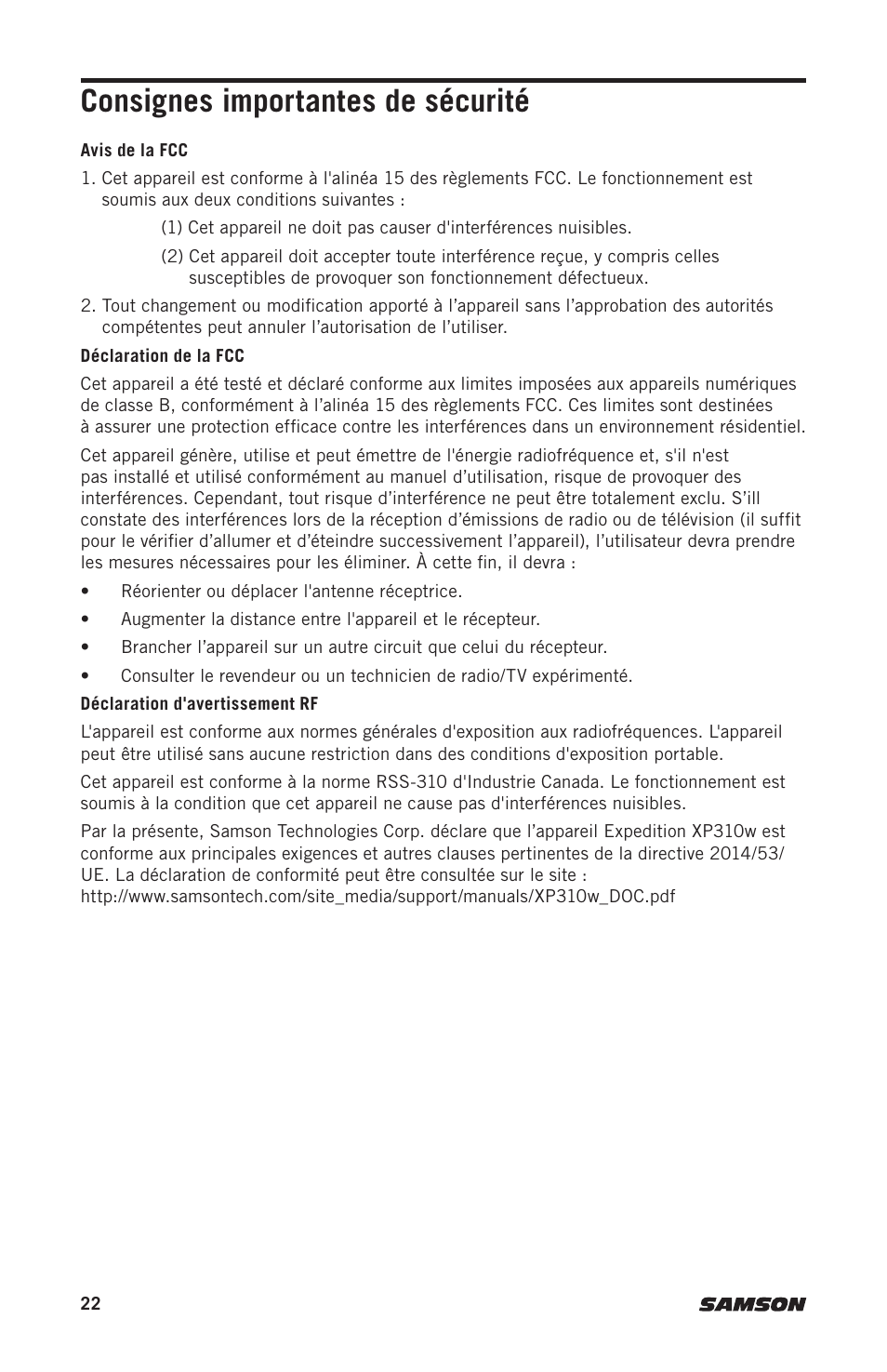 Consignes importantes de sécurité | Samson Expedition XP310w-D: 542 to 566 MHz 10" 300W Portable PA System with Wireless Microphone (D) User Manual | Page 22 / 88