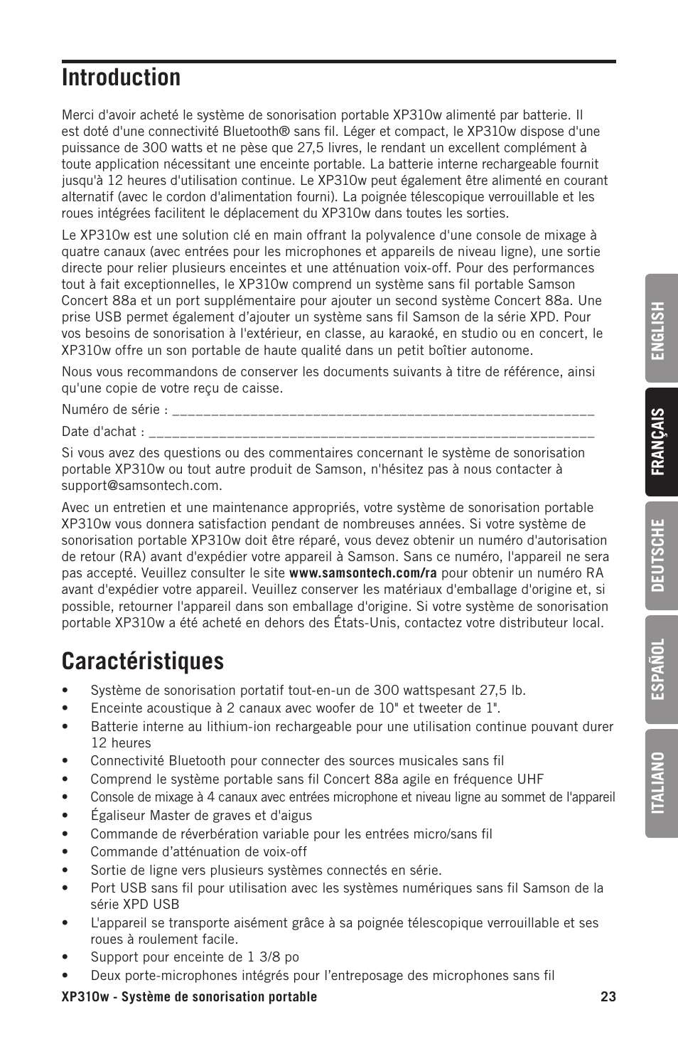 Introduction, Caractéristiques | Samson Expedition XP310w-D: 542 to 566 MHz 10" 300W Portable PA System with Wireless Microphone (D) User Manual | Page 23 / 88