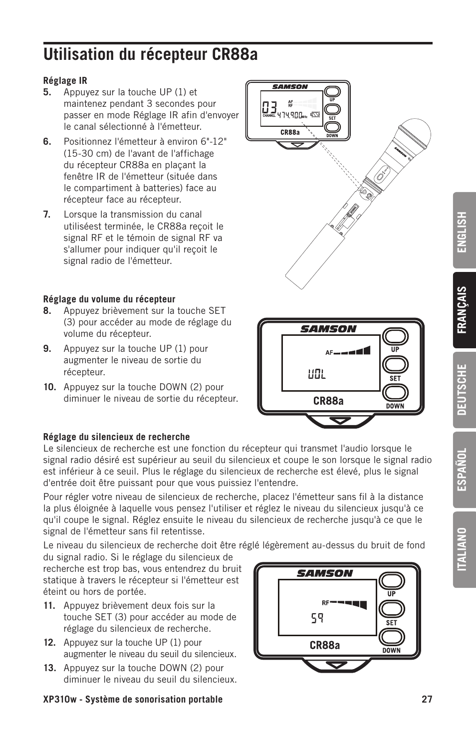 Utilisation du récepteur cr88a | Samson Expedition XP310w-D: 542 to 566 MHz 10" 300W Portable PA System with Wireless Microphone (D) User Manual | Page 27 / 88