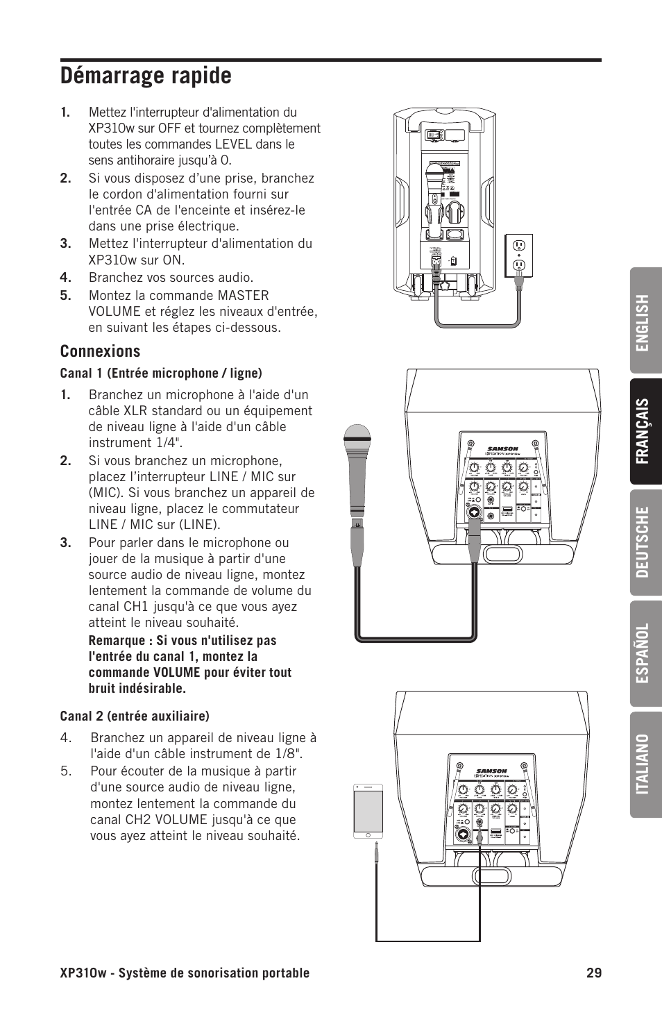 Démarrage rapide | Samson Expedition XP310w-D: 542 to 566 MHz 10" 300W Portable PA System with Wireless Microphone (D) User Manual | Page 29 / 88