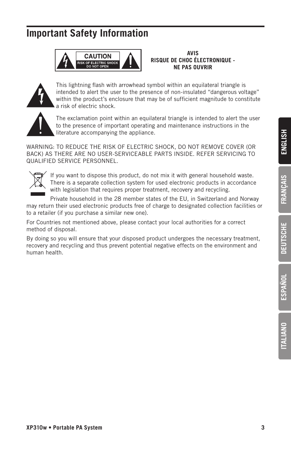 Important safety information | Samson Expedition XP310w-D: 542 to 566 MHz 10" 300W Portable PA System with Wireless Microphone (D) User Manual | Page 3 / 88