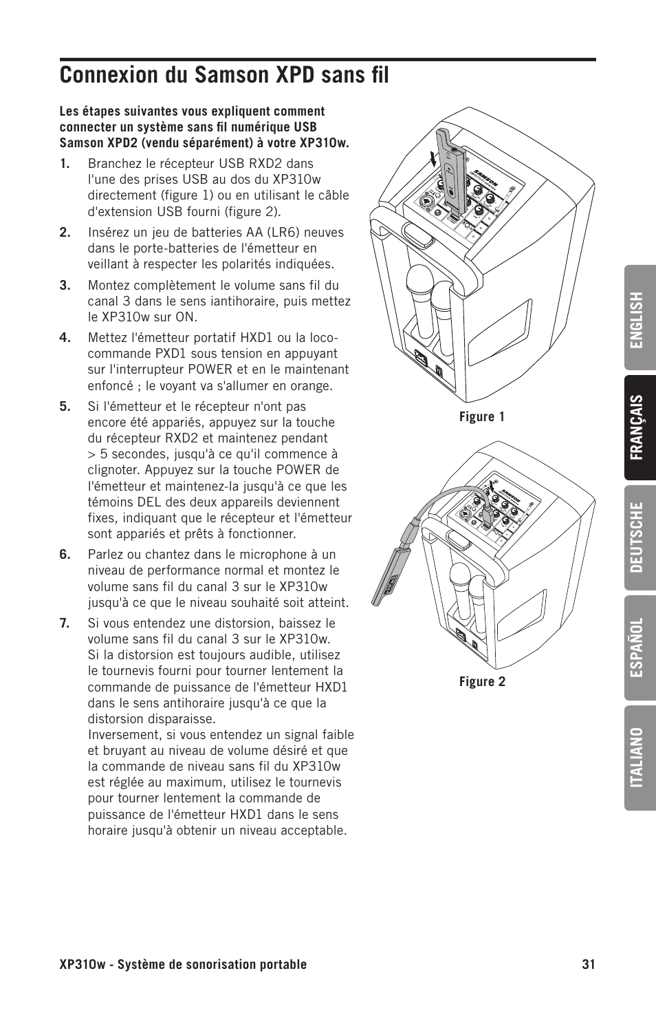 Connexion du samson xpd sans fil | Samson Expedition XP310w-D: 542 to 566 MHz 10" 300W Portable PA System with Wireless Microphone (D) User Manual | Page 31 / 88