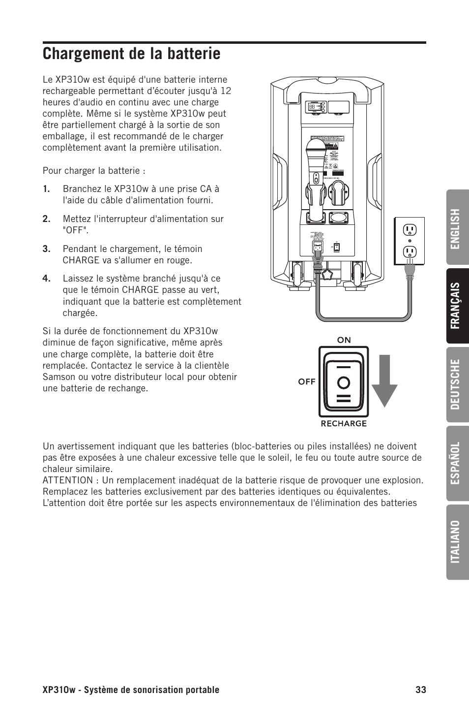 Chargement de la batterie | Samson Expedition XP310w-D: 542 to 566 MHz 10" 300W Portable PA System with Wireless Microphone (D) User Manual | Page 33 / 88