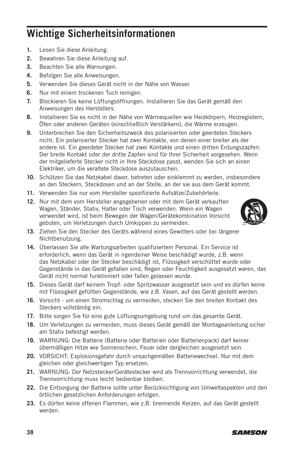 Wichtige sicherheitsinformationen | Samson Expedition XP310w-D: 542 to 566 MHz 10" 300W Portable PA System with Wireless Microphone (D) User Manual | Page 38 / 88