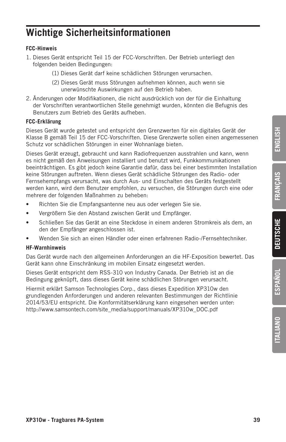 Wichtige sicherheitsinformationen | Samson Expedition XP310w-D: 542 to 566 MHz 10" 300W Portable PA System with Wireless Microphone (D) User Manual | Page 39 / 88