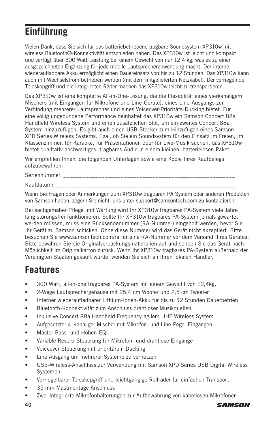 Einführung, Features | Samson Expedition XP310w-D: 542 to 566 MHz 10" 300W Portable PA System with Wireless Microphone (D) User Manual | Page 40 / 88
