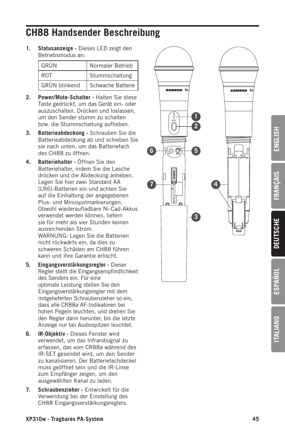 Ch88 handsender beschreibung | Samson Expedition XP310w-D: 542 to 566 MHz 10" 300W Portable PA System with Wireless Microphone (D) User Manual | Page 45 / 88