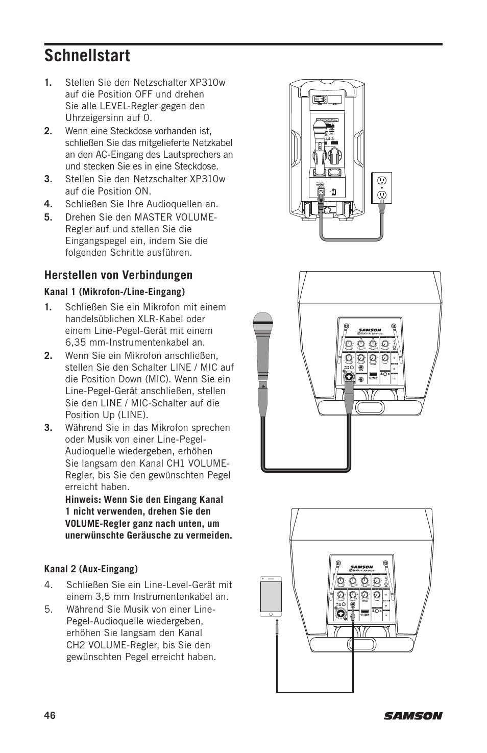 Schnellstart, Herstellen von verbindungen | Samson Expedition XP310w-D: 542 to 566 MHz 10" 300W Portable PA System with Wireless Microphone (D) User Manual | Page 46 / 88