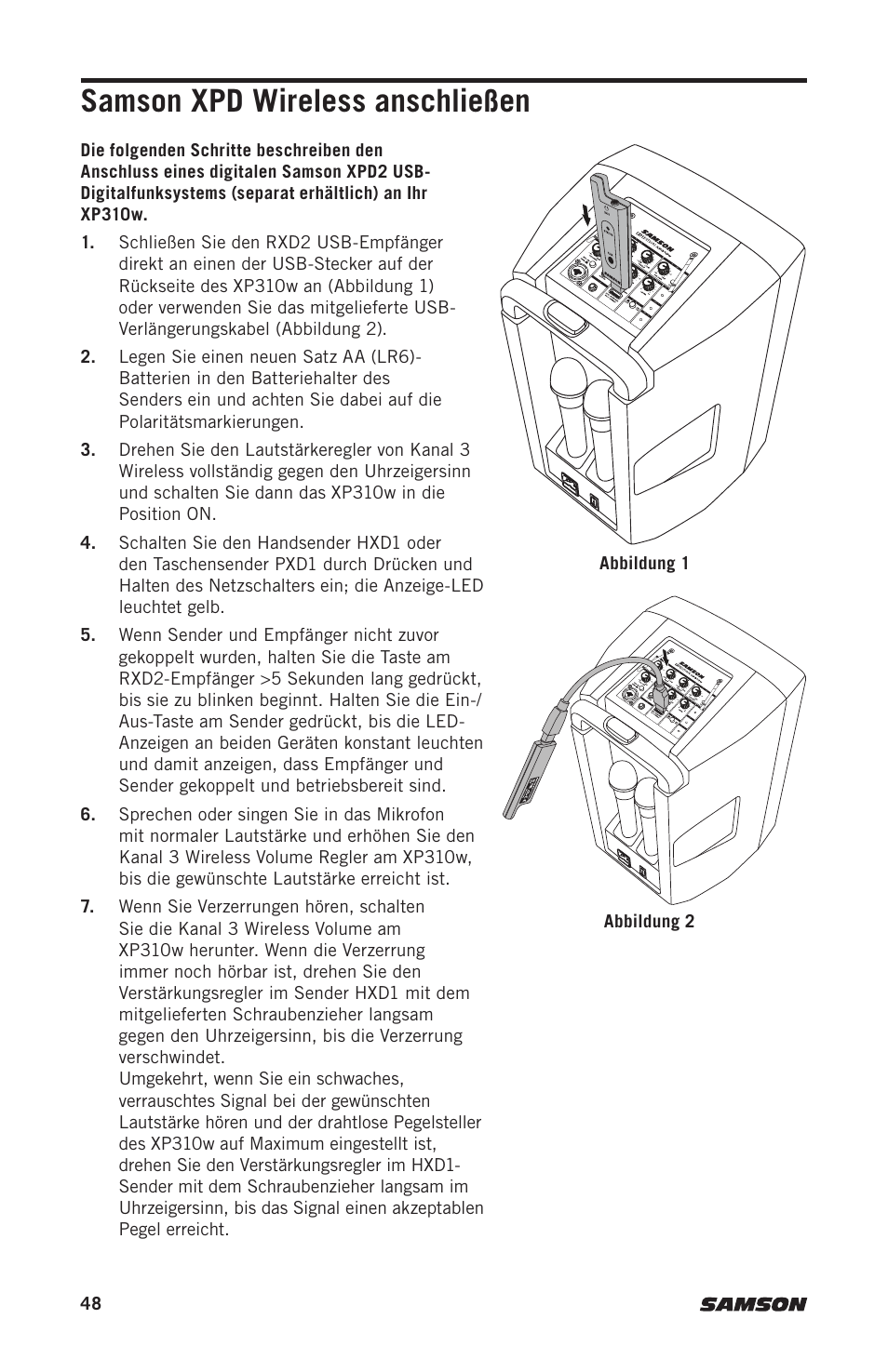 Samson xpd wireless anschließen | Samson Expedition XP310w-D: 542 to 566 MHz 10" 300W Portable PA System with Wireless Microphone (D) User Manual | Page 48 / 88