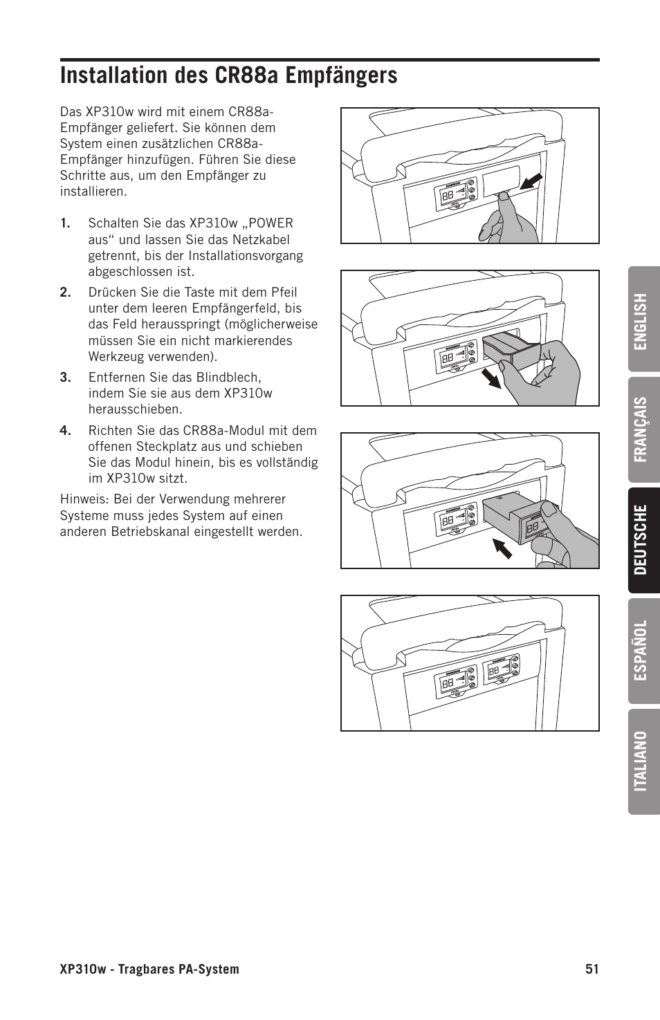 Installation des cr88a empfängers | Samson Expedition XP310w-D: 542 to 566 MHz 10" 300W Portable PA System with Wireless Microphone (D) User Manual | Page 51 / 88