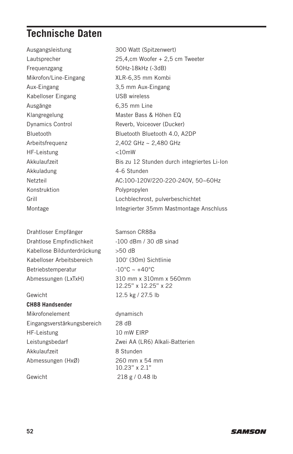 Technische daten | Samson Expedition XP310w-D: 542 to 566 MHz 10" 300W Portable PA System with Wireless Microphone (D) User Manual | Page 52 / 88
