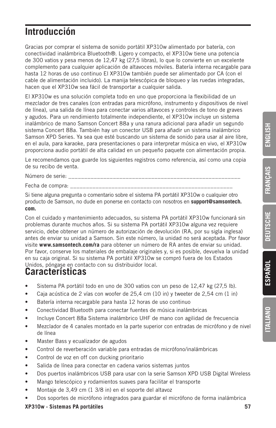 Introducción, Características | Samson Expedition XP310w-D: 542 to 566 MHz 10" 300W Portable PA System with Wireless Microphone (D) User Manual | Page 57 / 88