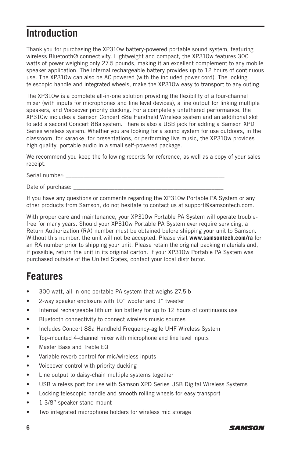 Introduction, Features | Samson Expedition XP310w-D: 542 to 566 MHz 10" 300W Portable PA System with Wireless Microphone (D) User Manual | Page 6 / 88