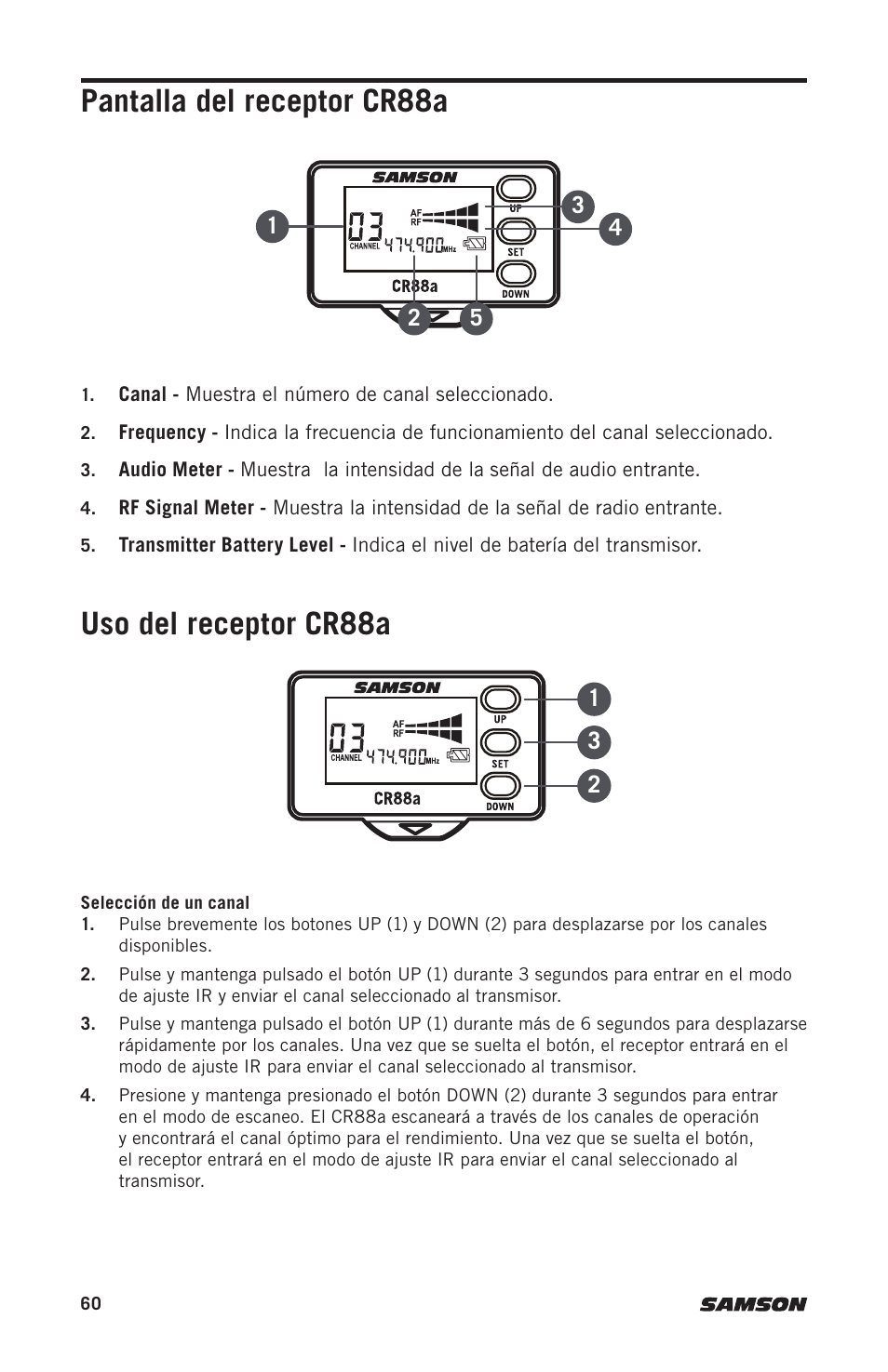 Uso del receptor cr88a pantalla del receptor cr88a | Samson Expedition XP310w-D: 542 to 566 MHz 10" 300W Portable PA System with Wireless Microphone (D) User Manual | Page 60 / 88