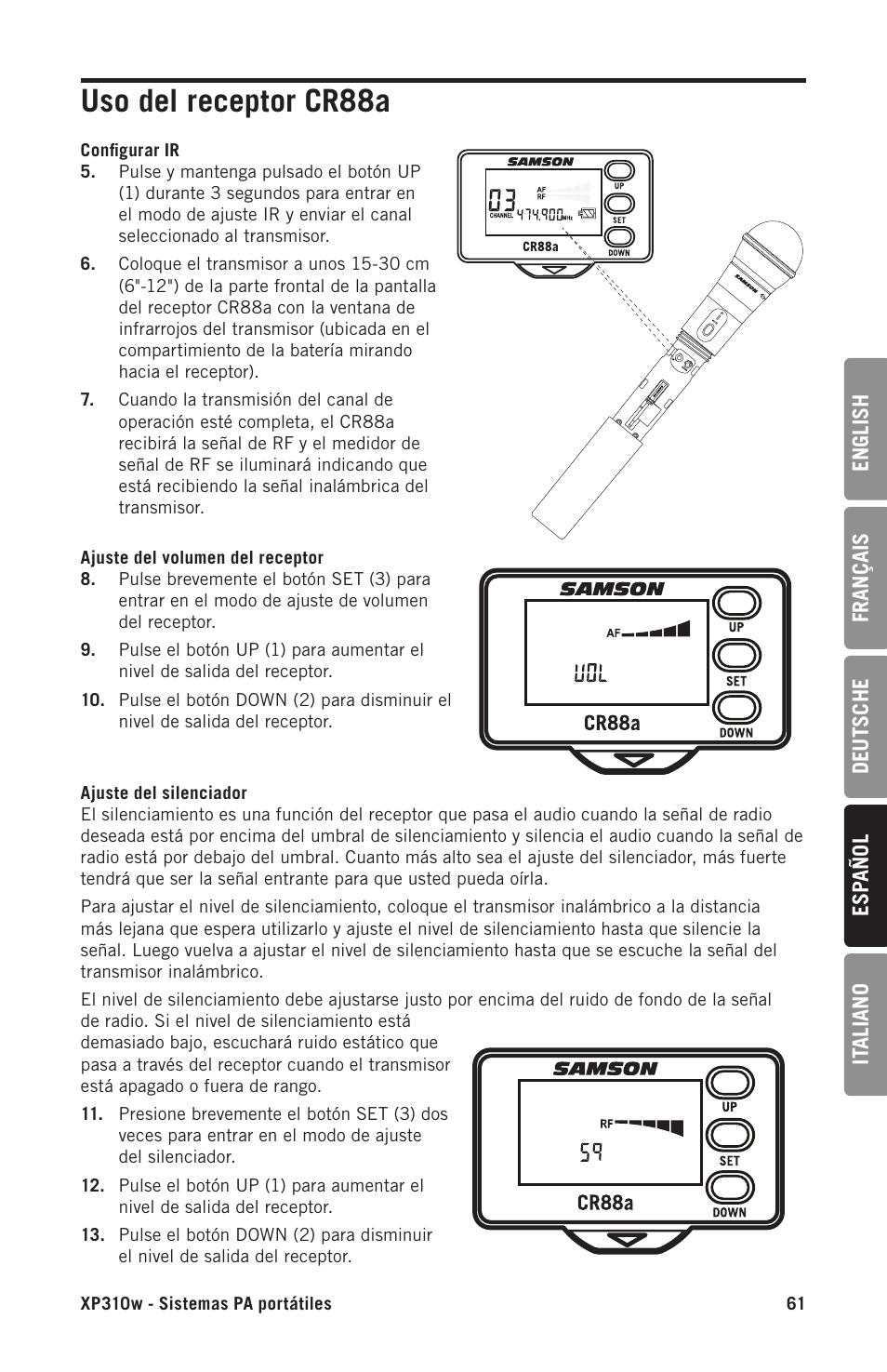 Uso del receptor cr88a | Samson Expedition XP310w-D: 542 to 566 MHz 10" 300W Portable PA System with Wireless Microphone (D) User Manual | Page 61 / 88