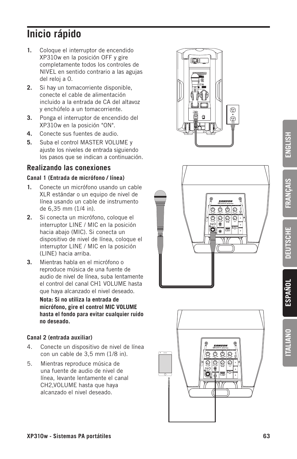 Inicio rápido | Samson Expedition XP310w-D: 542 to 566 MHz 10" 300W Portable PA System with Wireless Microphone (D) User Manual | Page 63 / 88