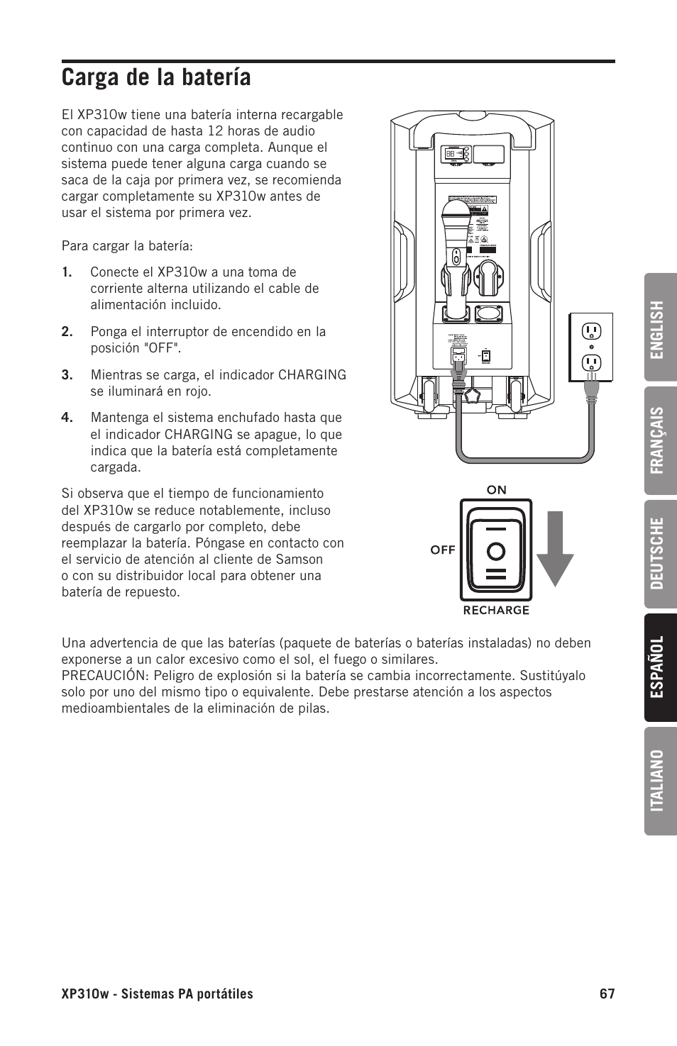 Carga de la batería | Samson Expedition XP310w-D: 542 to 566 MHz 10" 300W Portable PA System with Wireless Microphone (D) User Manual | Page 67 / 88