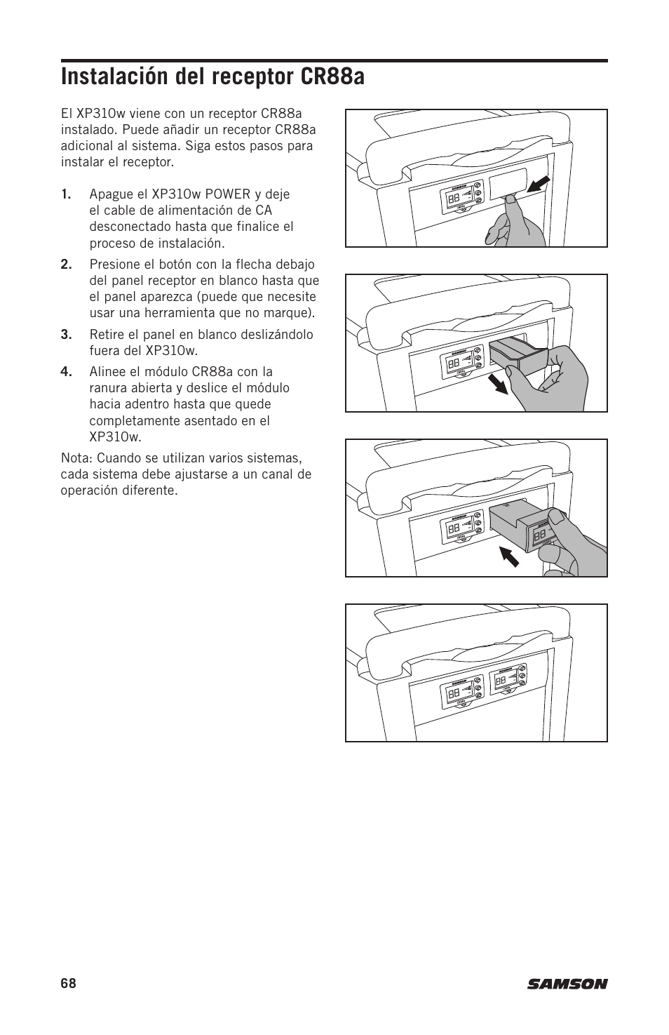 Instalación del receptor cr88a | Samson Expedition XP310w-D: 542 to 566 MHz 10" 300W Portable PA System with Wireless Microphone (D) User Manual | Page 68 / 88