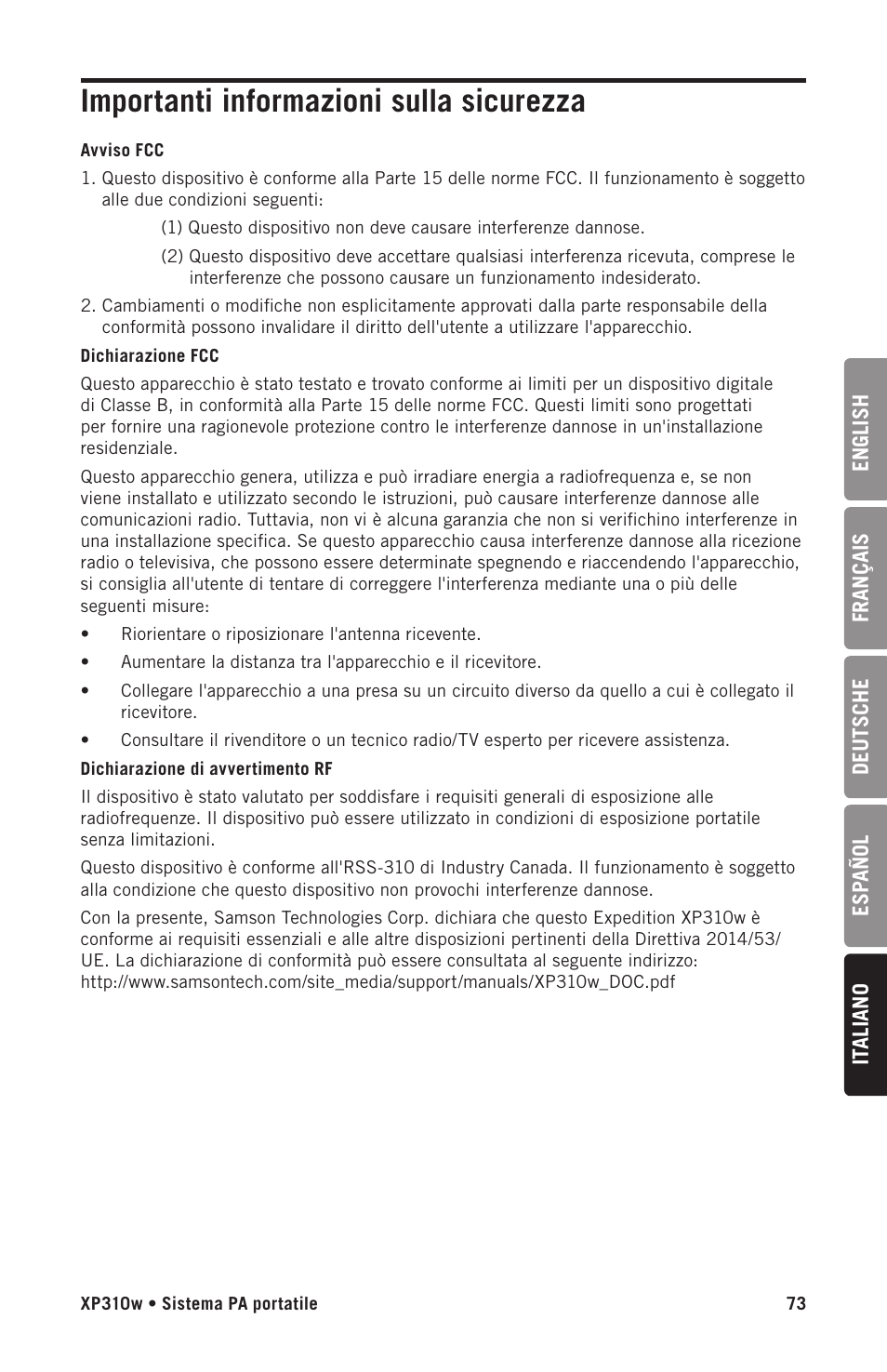 Importanti informazioni sulla sicurezza | Samson Expedition XP310w-D: 542 to 566 MHz 10" 300W Portable PA System with Wireless Microphone (D) User Manual | Page 73 / 88