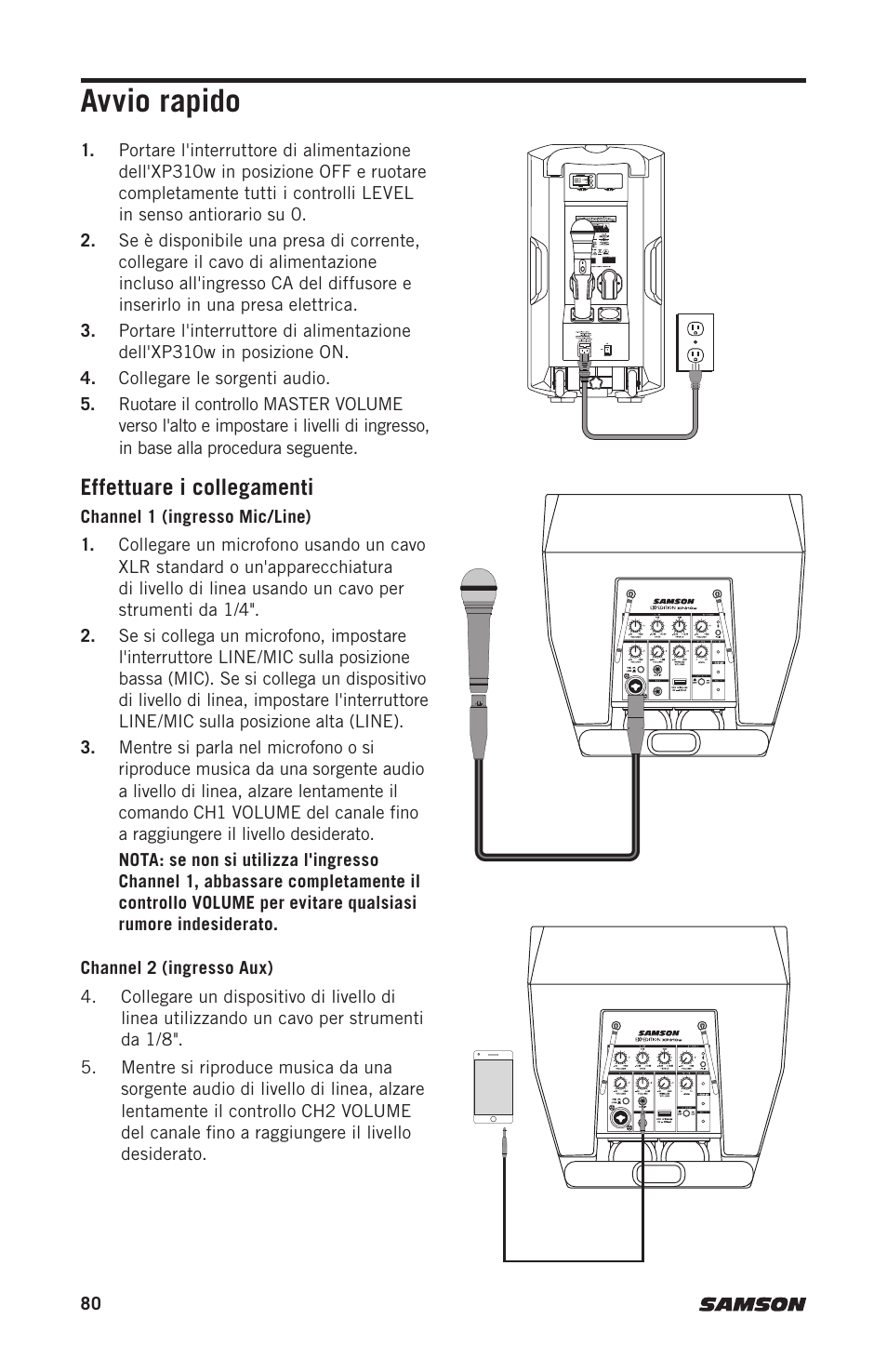 Avvio rapido, Effettuare i collegamenti | Samson Expedition XP310w-D: 542 to 566 MHz 10" 300W Portable PA System with Wireless Microphone (D) User Manual | Page 80 / 88