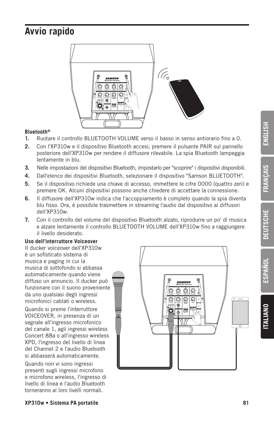 Avvio rapido | Samson Expedition XP310w-D: 542 to 566 MHz 10" 300W Portable PA System with Wireless Microphone (D) User Manual | Page 81 / 88