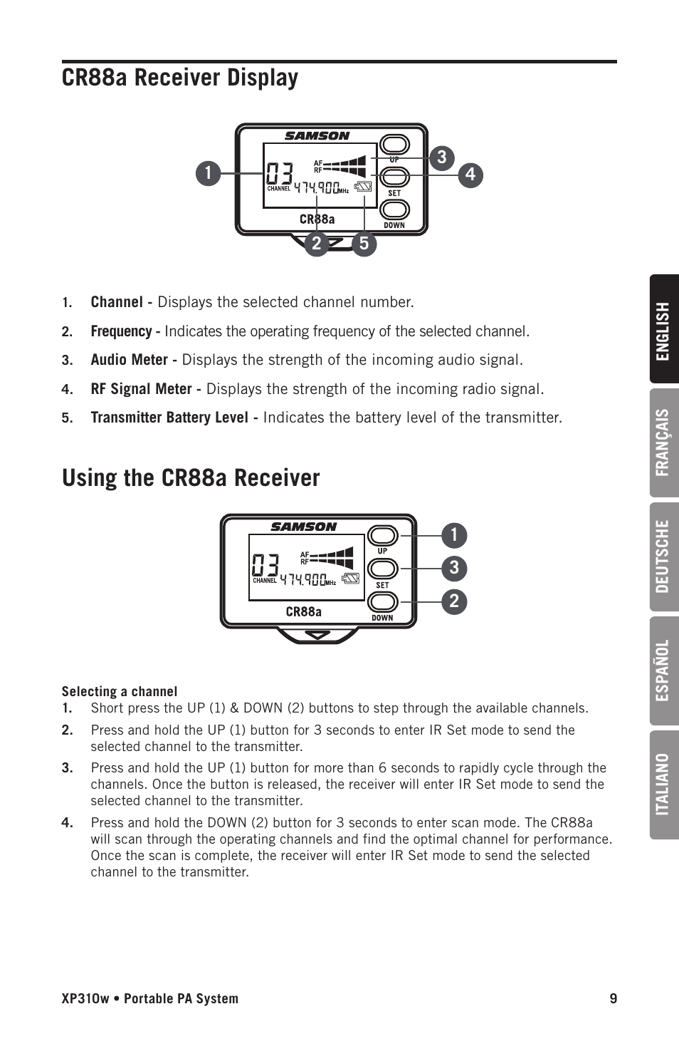 Using the cr88a receiver cr88a receiver display | Samson Expedition XP310w-D: 542 to 566 MHz 10" 300W Portable PA System with Wireless Microphone (D) User Manual | Page 9 / 88