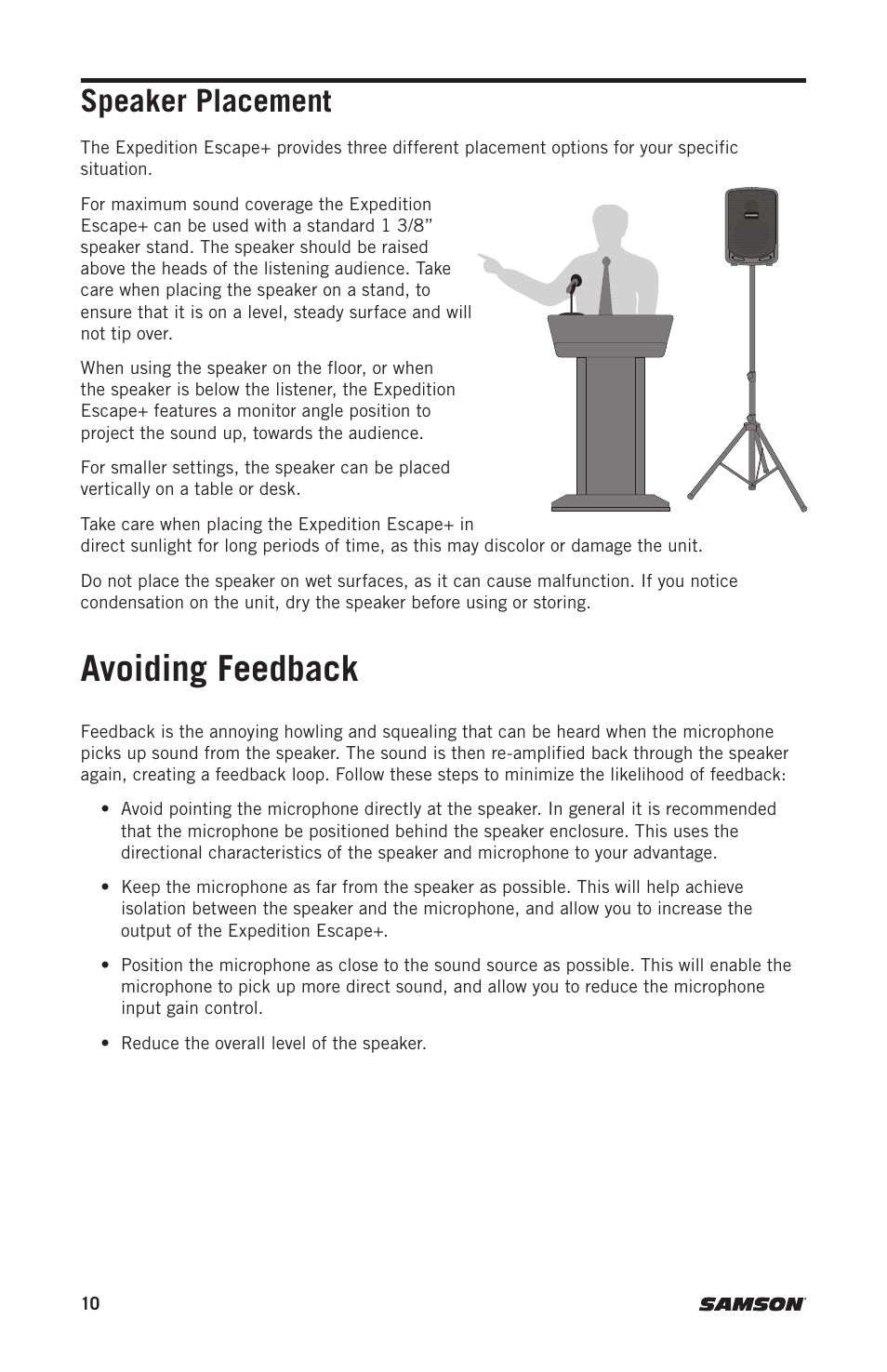 Avoiding feedback, Speaker placement | Samson Expedition Escape+ 6" 2-Way 50W Portable PA System User Manual | Page 10 / 52