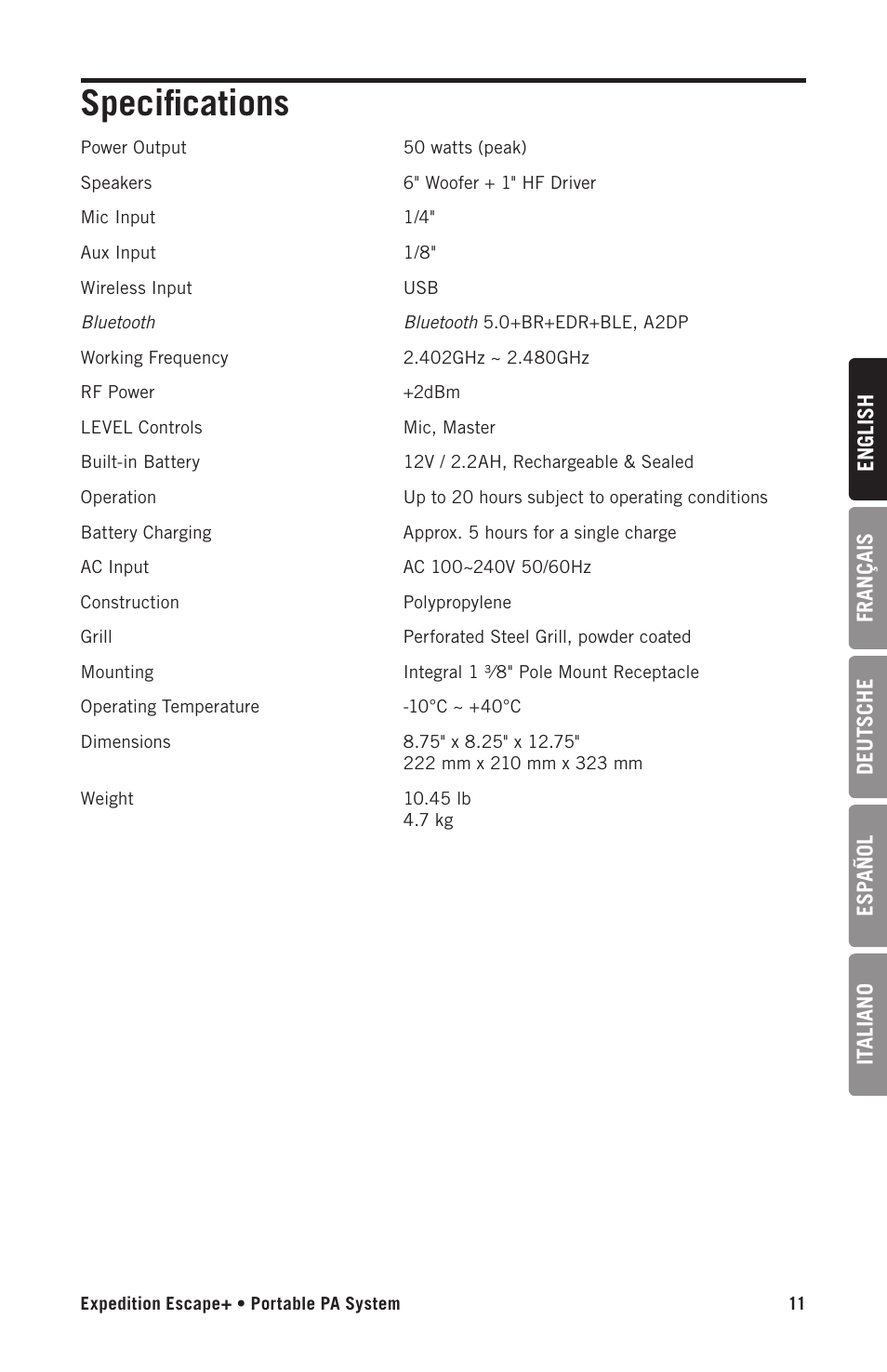 Specifications | Samson Expedition Escape+ 6" 2-Way 50W Portable PA System User Manual | Page 11 / 52