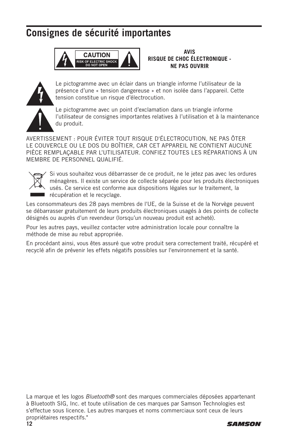 Consignes de sécurité importantes | Samson Expedition Escape+ 6" 2-Way 50W Portable PA System User Manual | Page 12 / 52